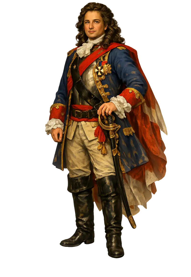 Illustration of Admiral Tordenskjold standing in full naval uniform with his sword