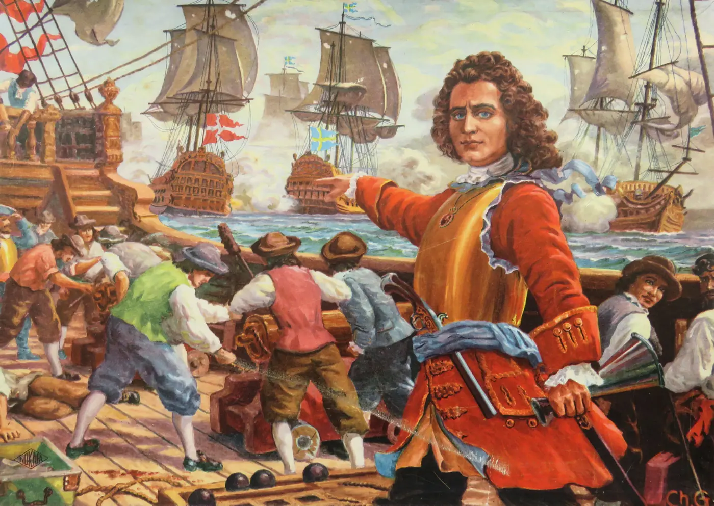 Vintage painting of Tordenskjold on the deck of his ship during a sea battle