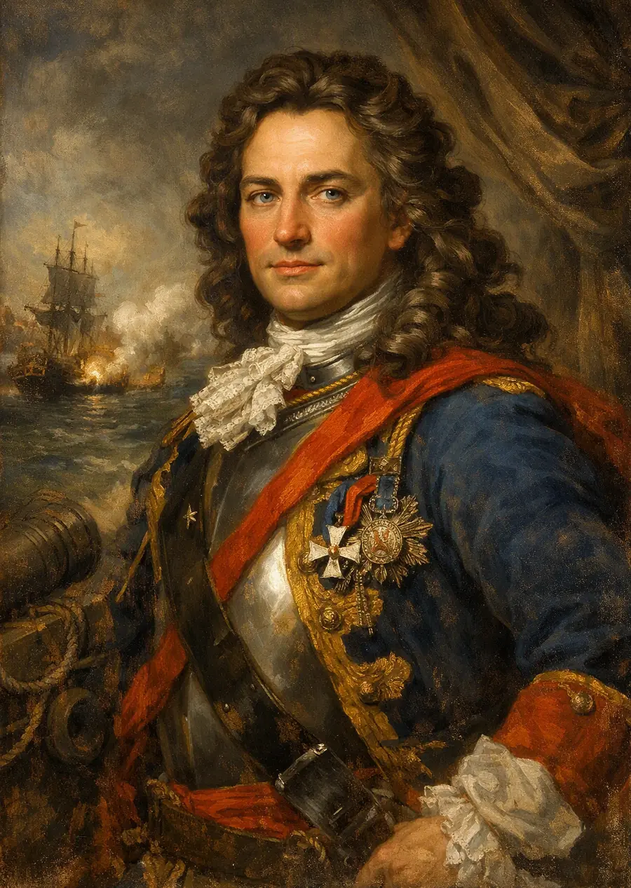 Painted portrait of Peter Jansen Wessel Tordenskiold in armour and a blue naval coat, a sea battle behind him