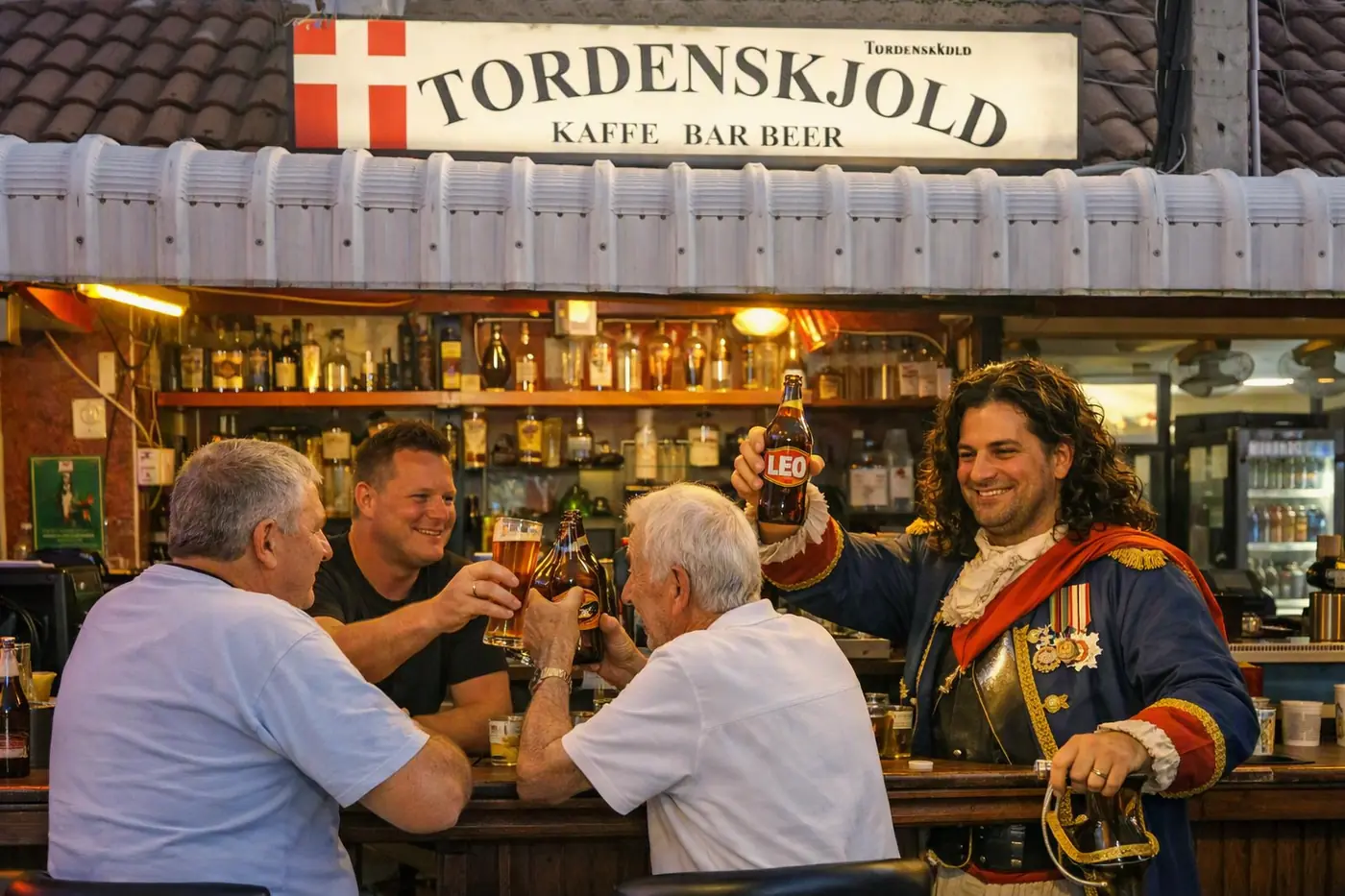 Illustration of Admiral Tordenskjold raising a Leo beer with guests at the Tordenskjold bar counter